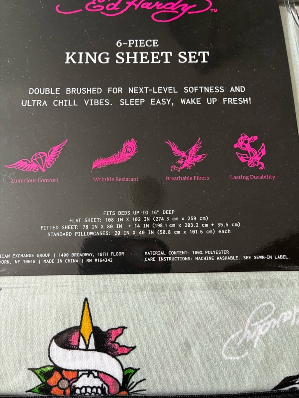 NWT Ed Hardy King 6 Pc Sheet Set Sage Green Tiger Skull Print - Picture 2 of 4